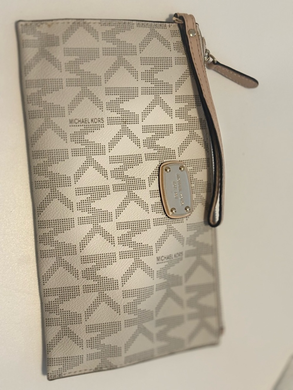 Michael Kors Beige and Light Taupe Logo Wristlet Clutch
